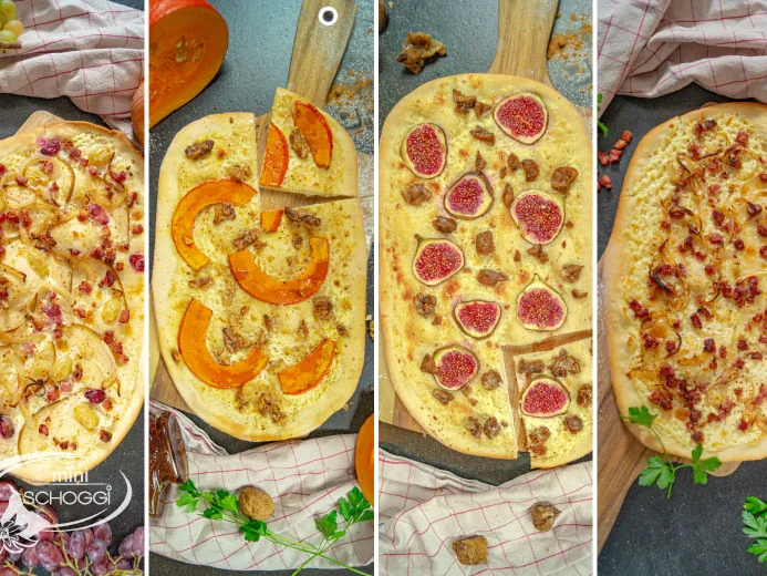 Flammkuchen, vier Varianten