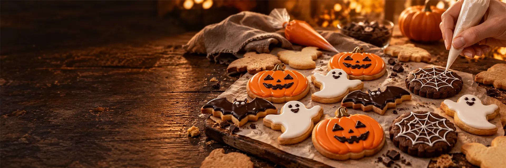 Verzierte Halloween-Cookies: Kürbisse, Geister, Fledermäuse und Spinnennetze